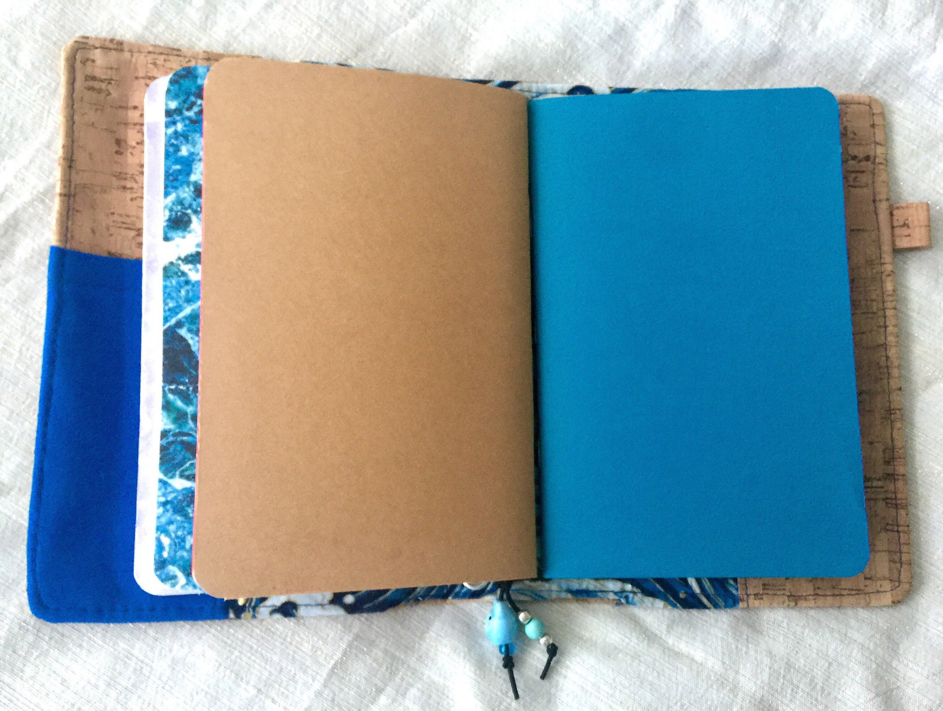 Refillable A5 cork notebook, natural color with a whimsical wave fabric