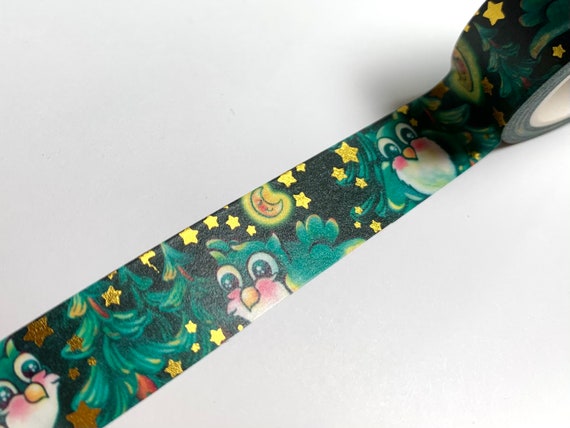 Original washi tape design, Owl and Moon with trees and gold foil accents