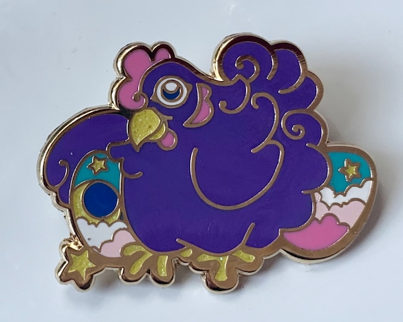 Egg-clipse the Cosmic chicken hard enamel pin original character design colorful with glitter accents, 1.5”. Collect pins, collect art!