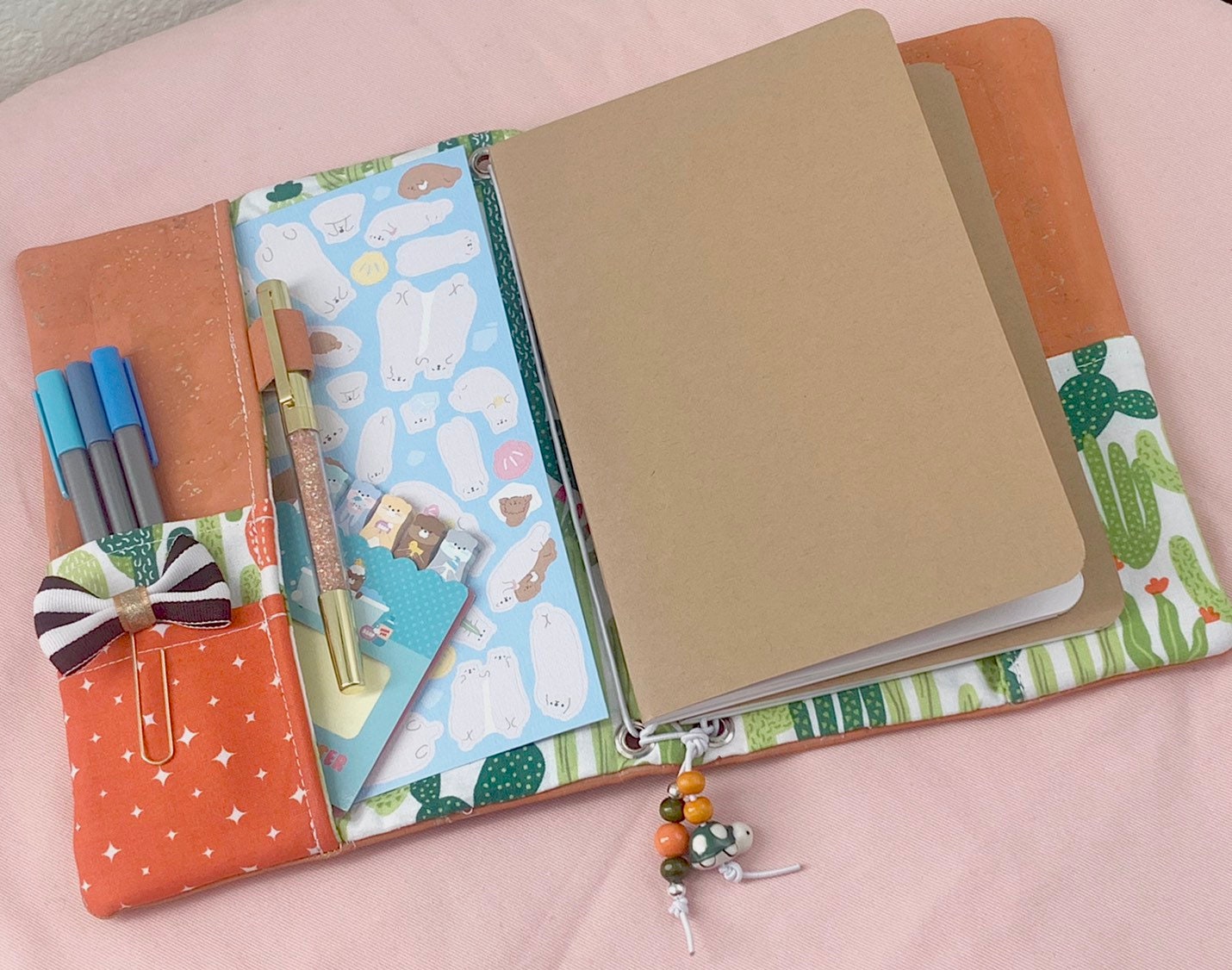 Refillable A5 cork notebook, pastel orange cork with cactus printed ...