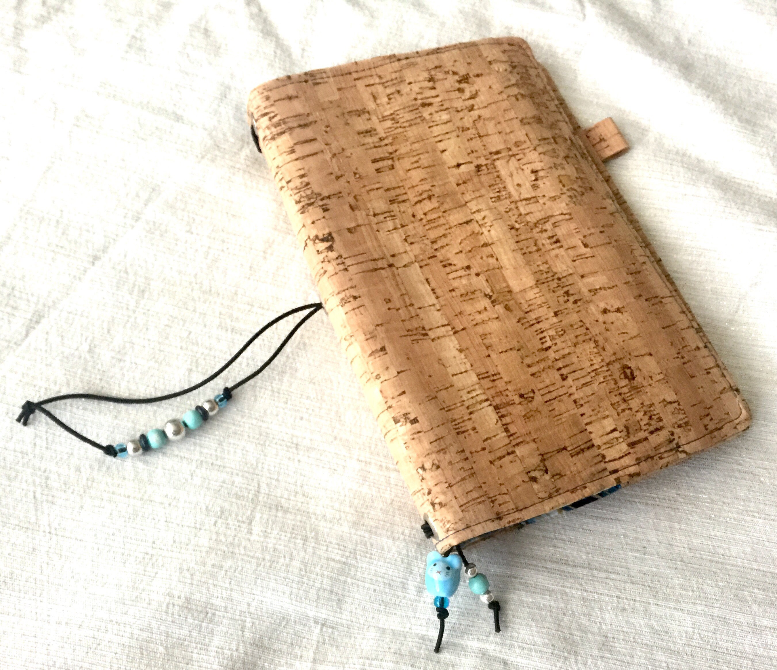 Refillable A5 cork notebook, natural color with a whimsical wave fabric