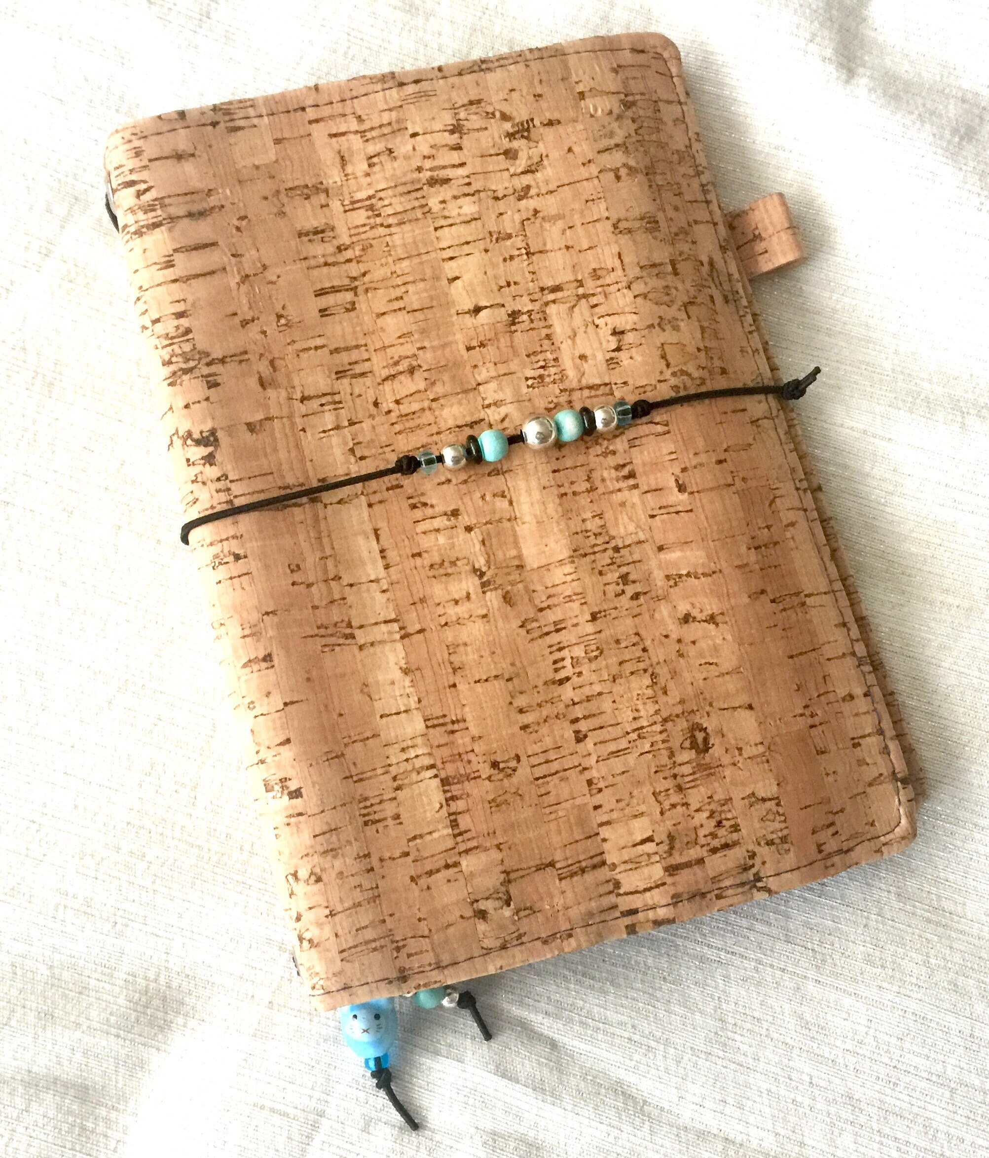 Refillable A5 cork notebook, natural color with a whimsical wave fabric