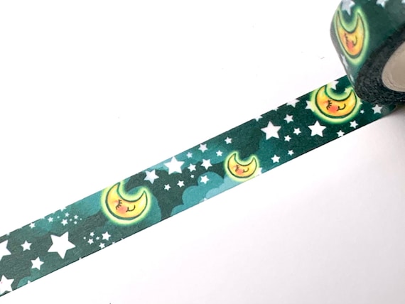 Original washi tape design, sleeping moon and stars, GREEN background