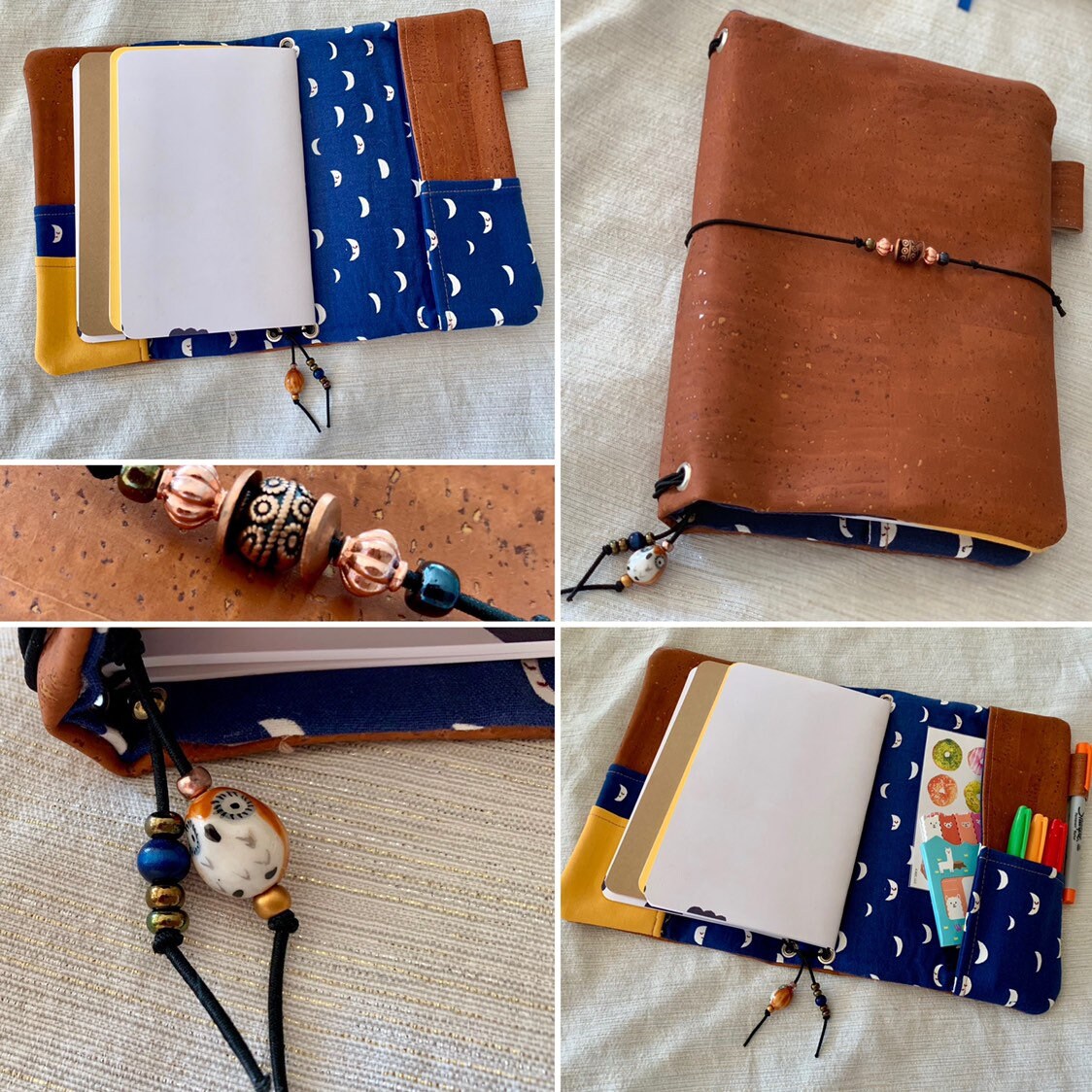 Refillable A5 cork notebook, rich copper color with navy blue moon