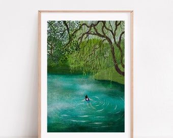 May include: A digital illustration of a person swimming in a lake surrounded by green trees. The water is a vibrant teal colour and the person is wearing a blue swimsuit.
