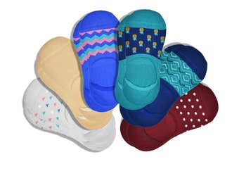 May include: A set of eight colorful no-show socks with various patterns, including pineapples, geometric shapes, and polka dots.