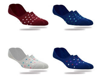 May include: Four pairs of no-show socks in various colors. One pair is burgundy with white polka dots, another is navy blue with teal polka dots, a third is light gray with colorful triangles, and the last is navy blue with colorful triangles.