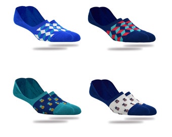 May include: Four pairs of no-show socks with different patterns. The socks are blue, white, red, and green with geometric and pineapple designs.