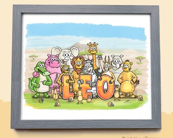 Personalised Safari Name Prints - Wall Art for children - Hand Drawn Illustrations