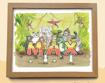 Personalised Jungle Name Prints - Wall Art for children - Hand Drawn Illustrations