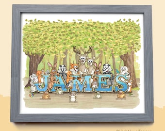 Personalised Woodland Name Prints - Wall Art for children - Hand Drawn Illustrations