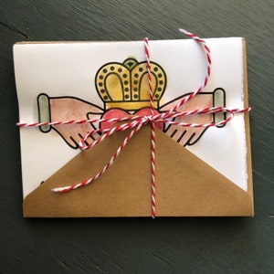 Notecards, LARGE size CLADDAGH, Love, Loyalty, Friendship, Ireland, Kraft Envelopes, Watercolour, Hand Painted, Hand Stamped, 5.5”x4.5”