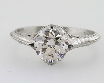 Antique 1.03 Carat Old European Cut Diamond Engagement Ring, Hand Engraved Platinum