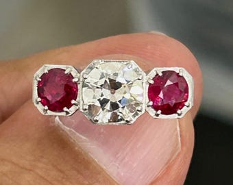 Platinum Old European Cut Diamond Engagement Ring: Ruby Accent, Vintage Antique