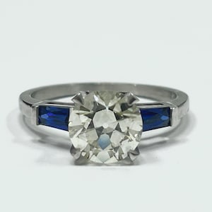 Old European  Cut Diamond  Engagement Ring in Platinum And French Cut Blue Sapphire Vintage Antique Ring