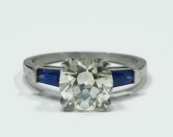 Vintage 1.49 Carat Old European Cut Diamond Engagement Ring, Platinum, Sapphire Accents
