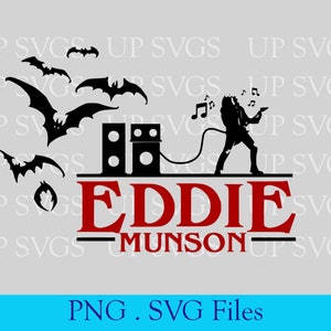 Peut inclure: Silhouette noire et blanche d'une personne jouant de la guitare avec un microphone et un amplificateur. Le texte "EDDIE MUNSON" est en lettres rouges sous l'image.