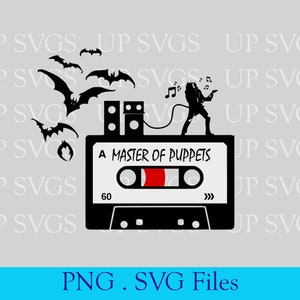 May include: Black and white graphic of a cassette tape with the text "A Master of Puppets." A silhouette of a musician plays a guitar on top of the tape, with bats flying around. The image includes the text "PNG . SVG Files."