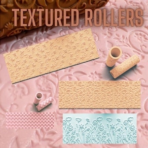 Könnte beinhalten: Eine Sammlung strukturierter Rollen zum Backen, mit verschiedenen Mustern. Das Bild zeigt Rollen mit Designs von Schmetterlingen, Kirschen und floralen Mustern. Der Text "TEXTURED ROLLERS" ist oben im Bild zu sehen.