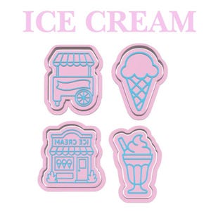 Könnte beinhalten: Rosa und blaue Illustrationen zum Thema Eis. Das Bild zeigt vier verschiedene Designs: einen Eiswagen, eine Eistüte, ein Eisgeschäft und einen Eisbecher. Das Wort "ICE CREAM" steht in Rosa oben.