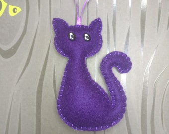 Purple Cat felt decoration, halloween cat, deep purple  Kitty, dark purple cat ornament, animal toy gift, pocket buddy, cat , plush kitten