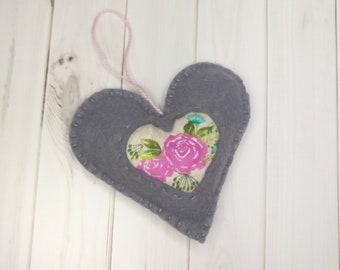 Gray with roses heart, rustic gift, mother's day, birthday, ornament, gifts for her, gift for him, charm, love, keychain, hanging decoration