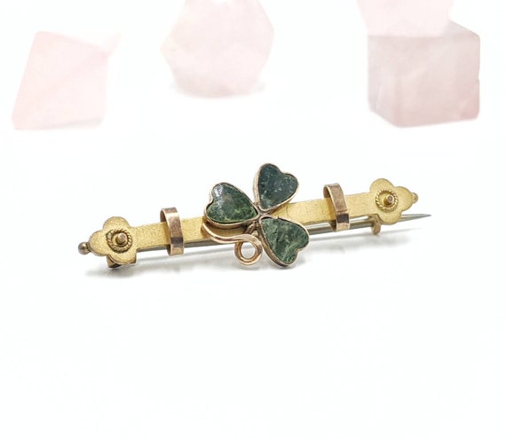 Vintage 9k Gold Clover Bar Pin Connemara Marble F… - image 8