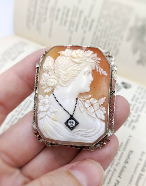 Antique Art Deco Cameo Pin Brooch Sapphires and 1… - image 3