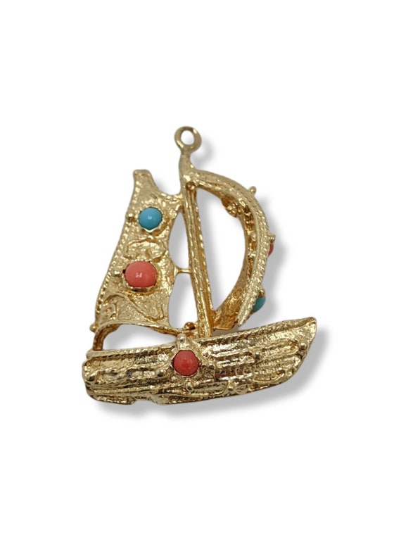 14k Yellow Gold Turquoise and Coral Ship Charm Sai