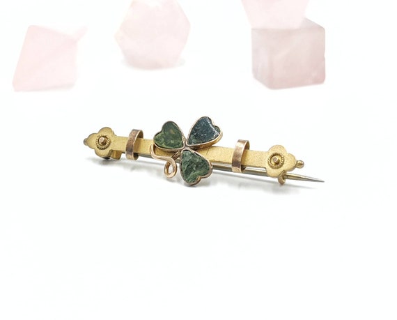 Vintage 9k Gold Clover Bar Pin Connemara Marble F… - image 2