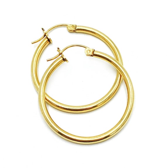 14k Gold Hoop Earrings 28mm Yellow Gold Vintage H… - image 1