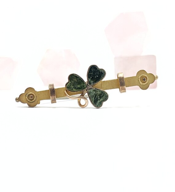 Vintage 9k Gold Clover Bar Pin Connemara Marble F… - image 6