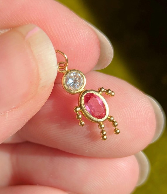 14k Gold October Birthstone Baby Charm Deep Pink Colored Stone