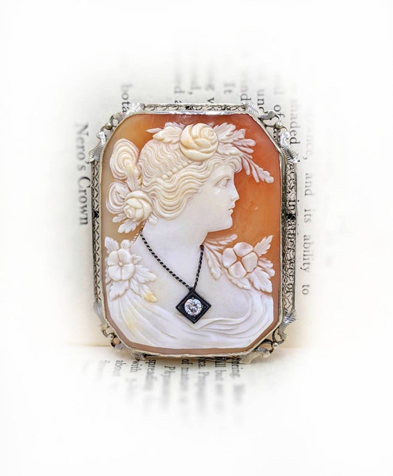 Antique Art Deco Cameo Pin Brooch Sapphires and 1… - image 2