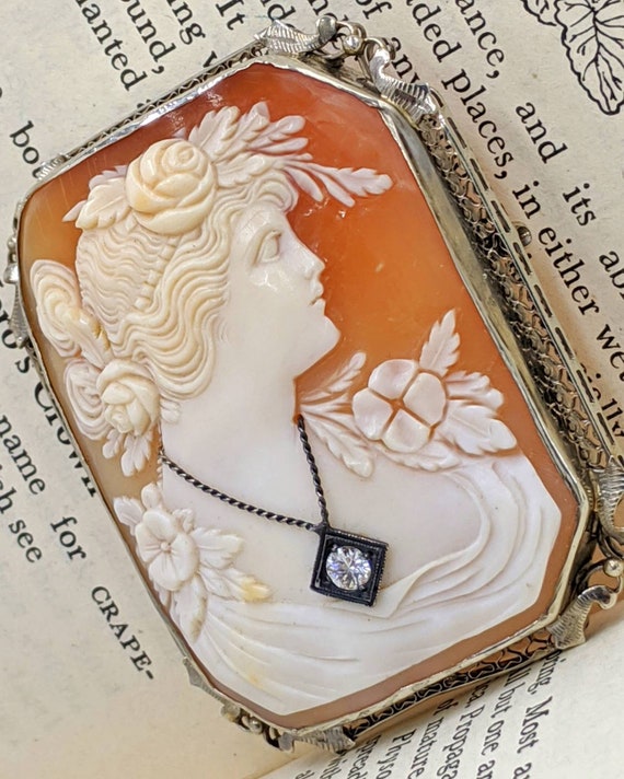 Antique Art Deco Cameo Pin Brooch Sapphires and 1… - image 9