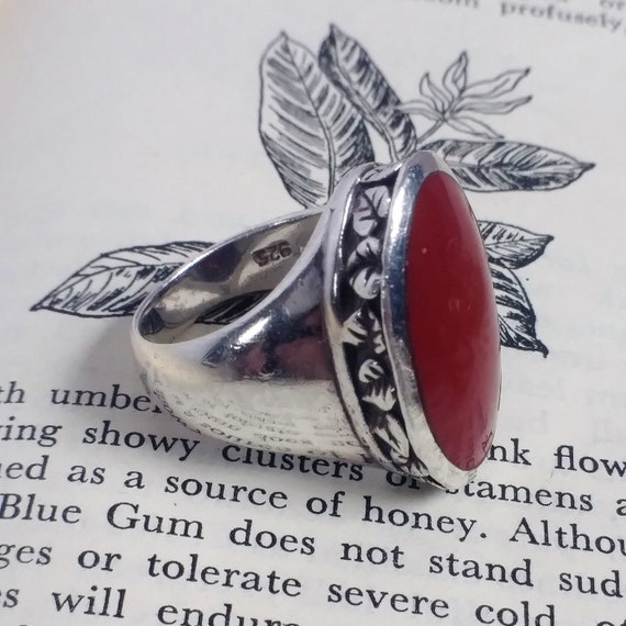 Big Red Sterling Silver Leafy Ring Vintage Size 5… - image 1