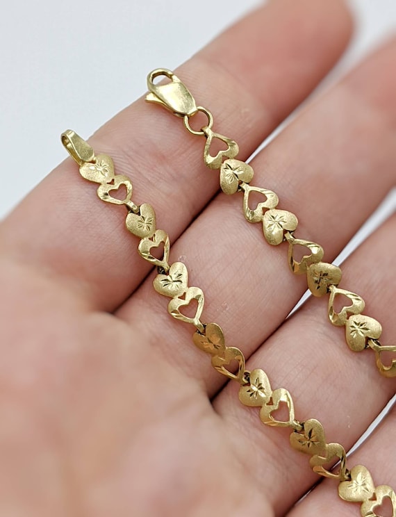 14k Gold Heart Link Bracelet 7.5 Inches Estate Jewelry 06584