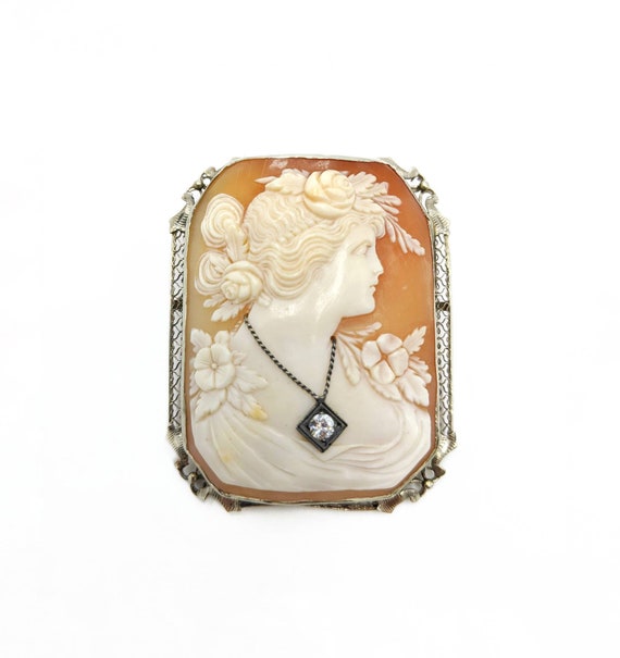 Antique Art Deco Cameo Pin Brooch Sapphires and 1… - image 1