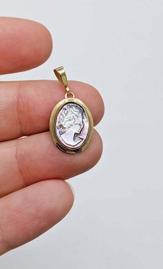 14k Gold Abalone Shell Cameo Necklace Pendant Carv