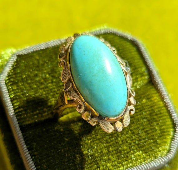 Vintage 10k Gold Turquoise Statement Ring Reconstituted Turquoise