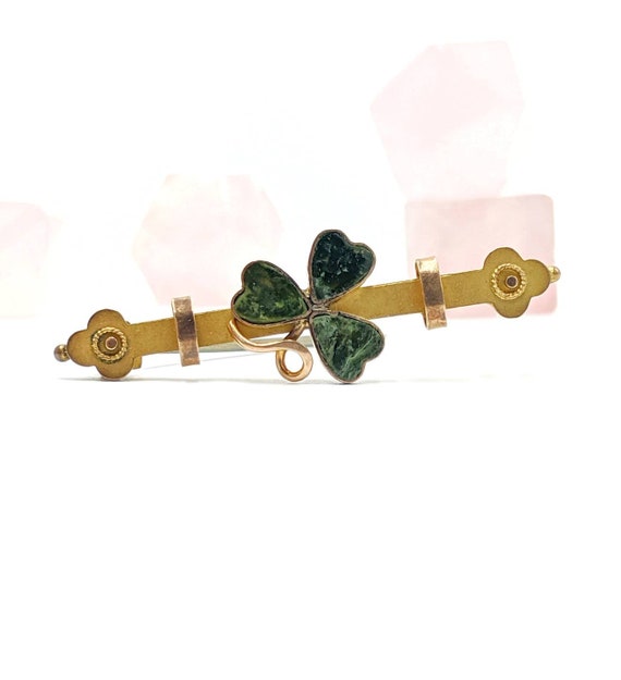 Vintage 9k Gold Clover Bar Pin Connemara Marble F… - image 1