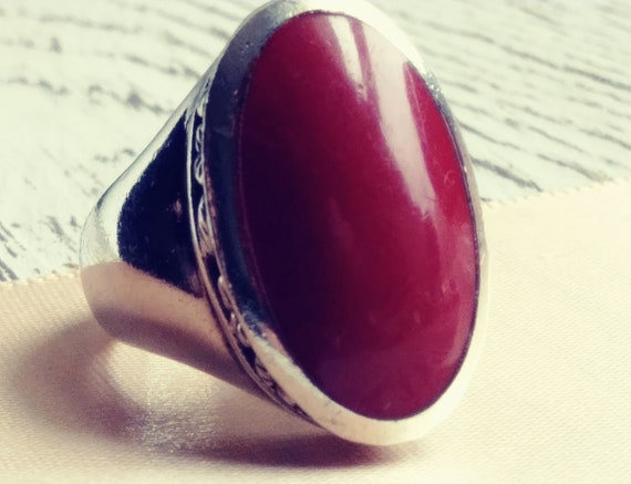 Big Red Sterling Silver Leafy Ring Vintage Size 5… - image 4