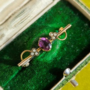 Vintage Amethyst and Seed Pearl Bar Pin 10k Gold Brooch
