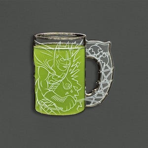 May include: A Batman-themed mug pin with a green liquid effect. The clear glass mug features a white outline of Batman and a decorative handle with bat symbols. The pin is set against a dark gray background.