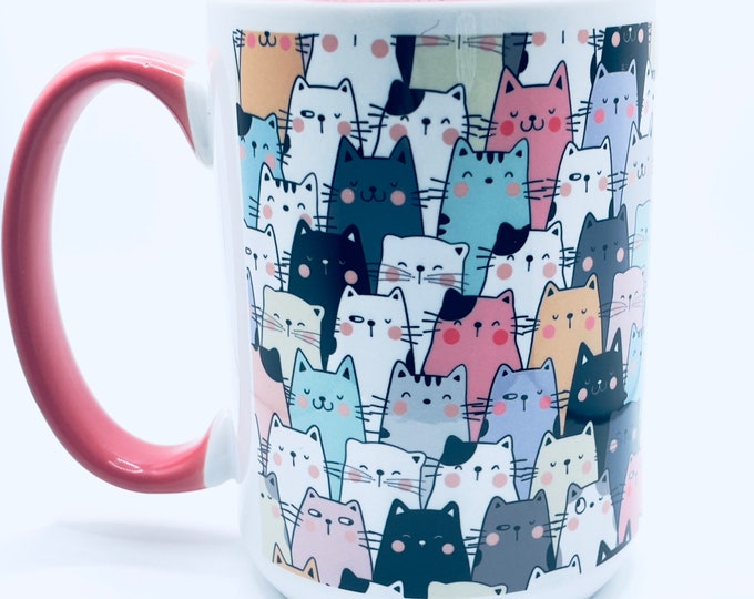 Cat Lover Beveled Coffee Mug with a Bold Pop of Pink, Cat Owner Gift, Coffee Lover, Coffee Mug, Vet Tech Gift, Pen Holder