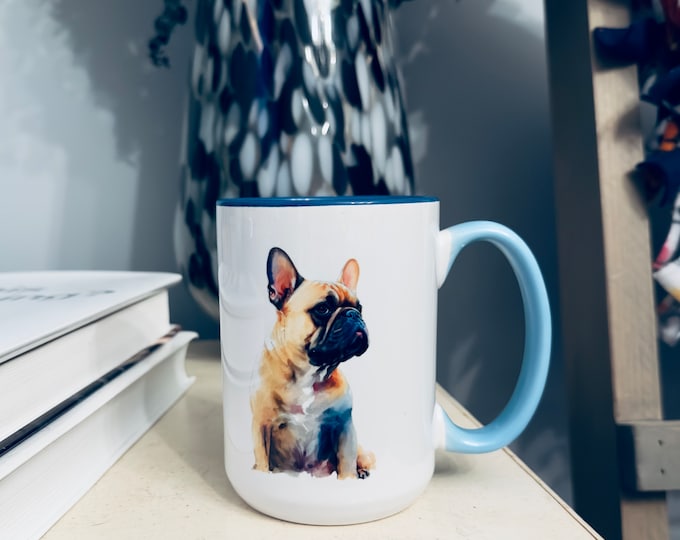 French Bulldog Beveled Coffee Mug with a Bold Pop of Blue, French Bulldog Owner Gift, Coffee Lover, Coffee Mug, Vet Tech Gift, Pen Holder