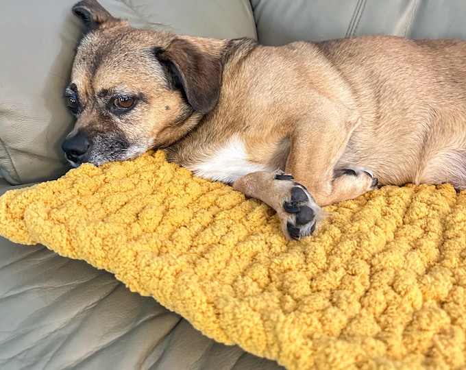 Small Dog Blanket Chunky Knit Yellow 17x17 | Cat Bed Mat Handmade | Pet Crate Blanket Cozy Throw