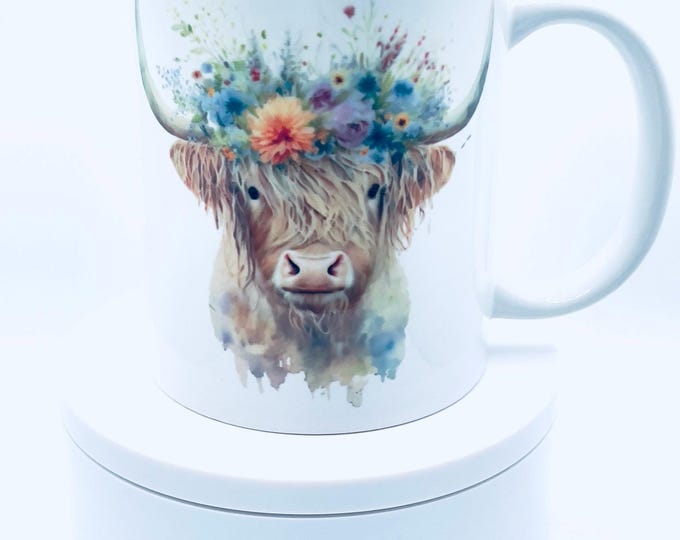 Highland Cow Coffee Mug 12oz - Cute Cow Mug - Farm Animal Lover Gift - Rustic Country Mug - Cow Print Ceramic Cup