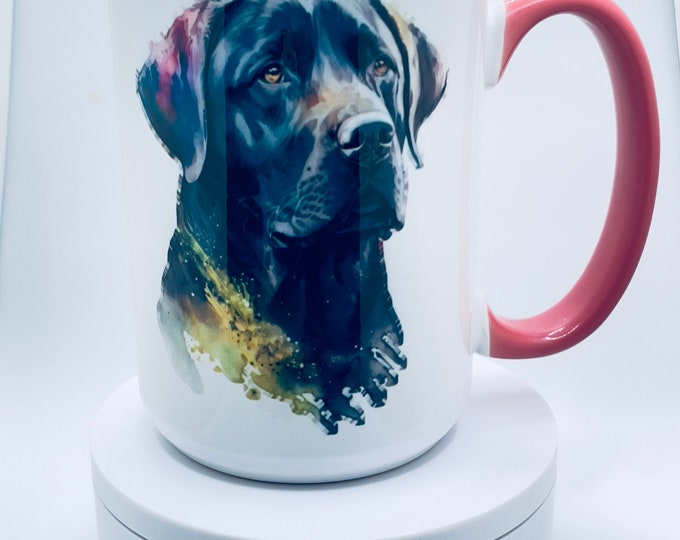 Black Lab Coffee Mug 15 oz - Pink Handle Dog Lover Gift - Labrador Retriever Mug - Pet Owner Cup - Cute Dog Mom Mug - Animal Lover Gift Idea