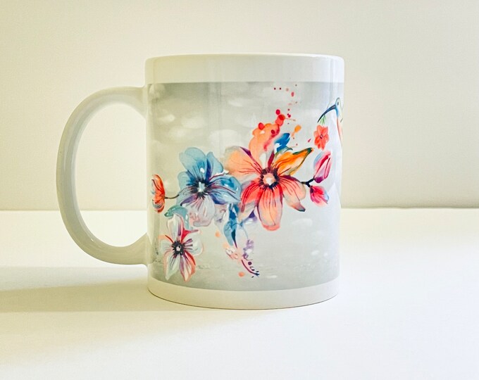 Hummingbird Coffee Mug - Nature Lover Gift - Birdwatcher Mug - Floral Hummingbird Cup - 12oz Ceramic Mug - Garden Bird Mug